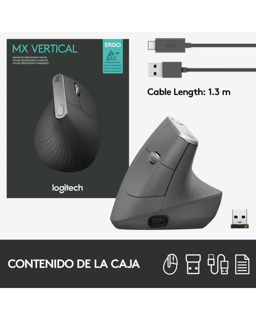 Mouse Logitech MX Vertical Ergonómico Inalámbrico Bluetooth Recargable Grafito
