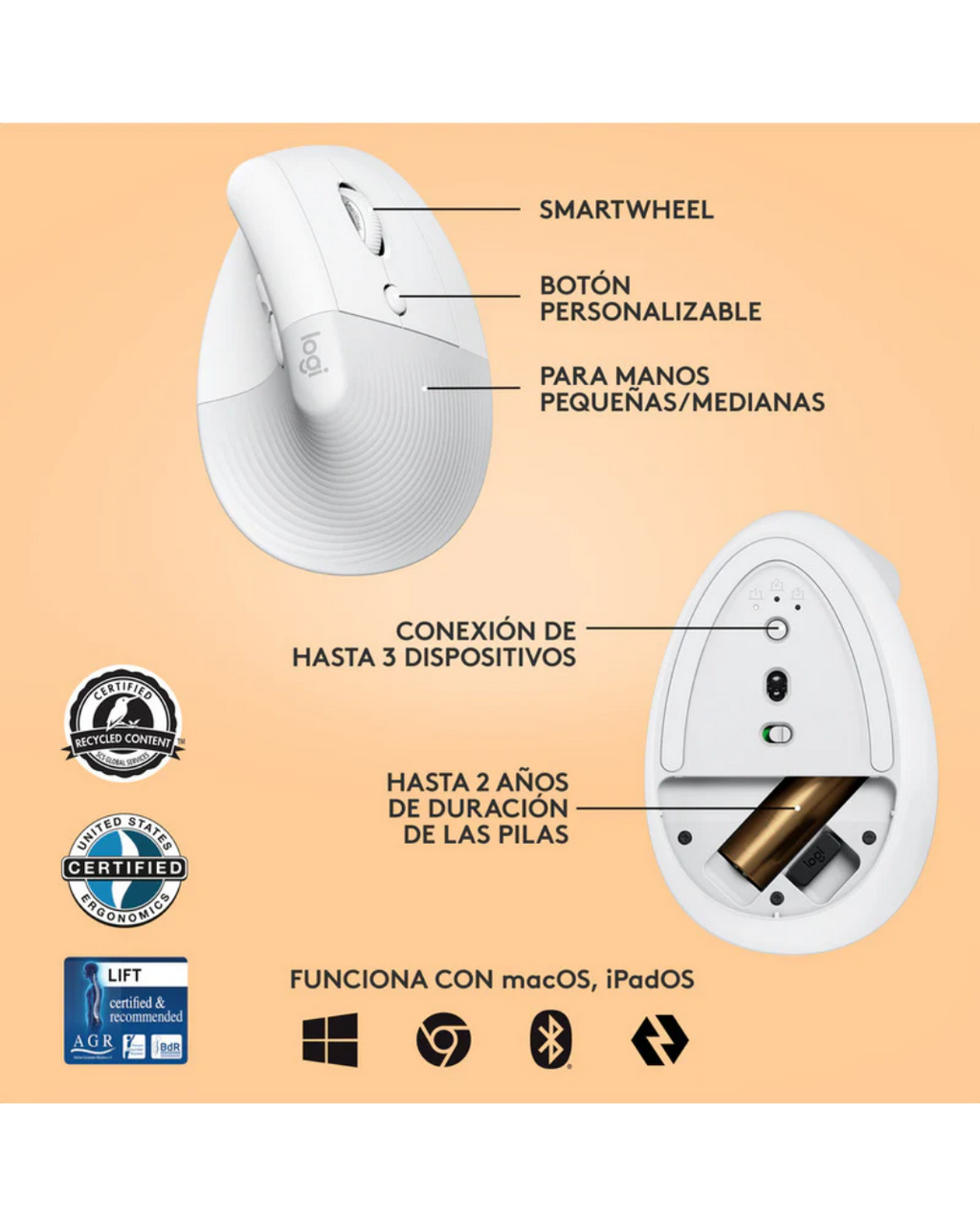 Mouse Logitech Lift Vertical Ergonómico Inalámbrico Bluetooth White