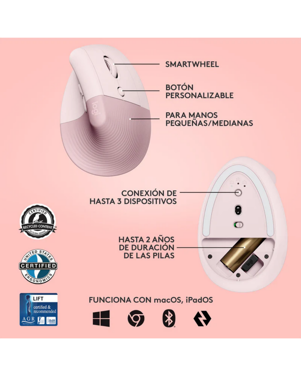 Mouse Logitech Lift Vertical Ergonómico Inalámbrico Bluetooth Pink