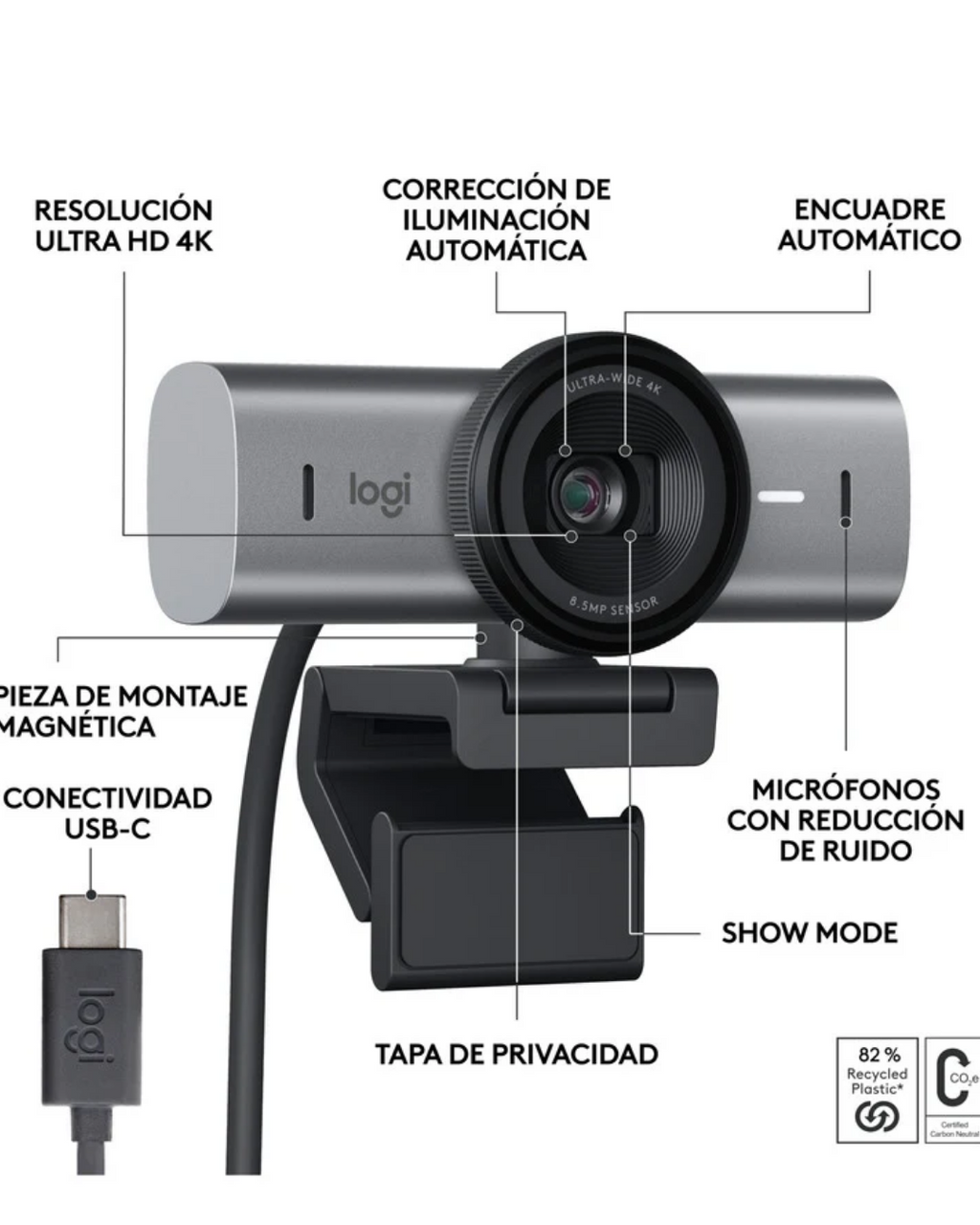 Cámara Web Logitech MX Brio 4K Ultra HD USB-C Grafito