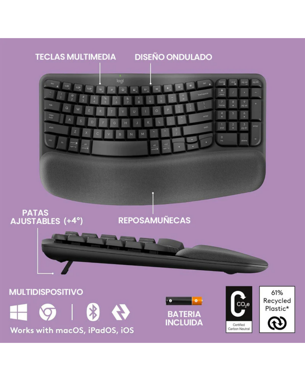 Teclado Logitech Wave Keys Ergonómico Inalámbrico Bluetooth