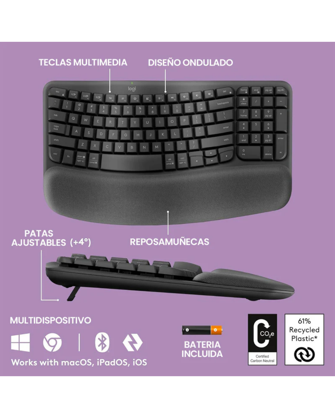 Teclado Logitech Wave Keys Ergonómico Inalámbrico Bluetooth