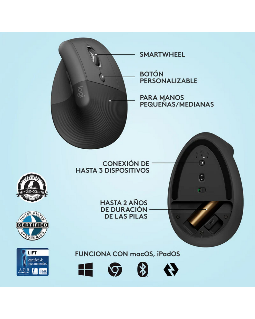 Mouse Logitech Lift Vertical Ergonómico Inalámbrico Bluetooth Grafito