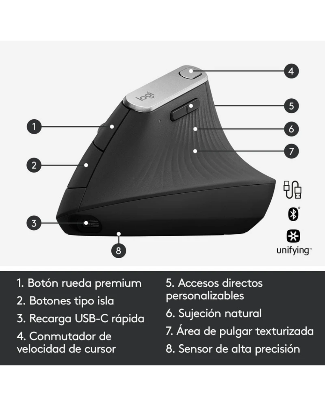 Mouse Logitech MX Vertical Ergonómico Inalámbrico Bluetooth Recargable Grafito